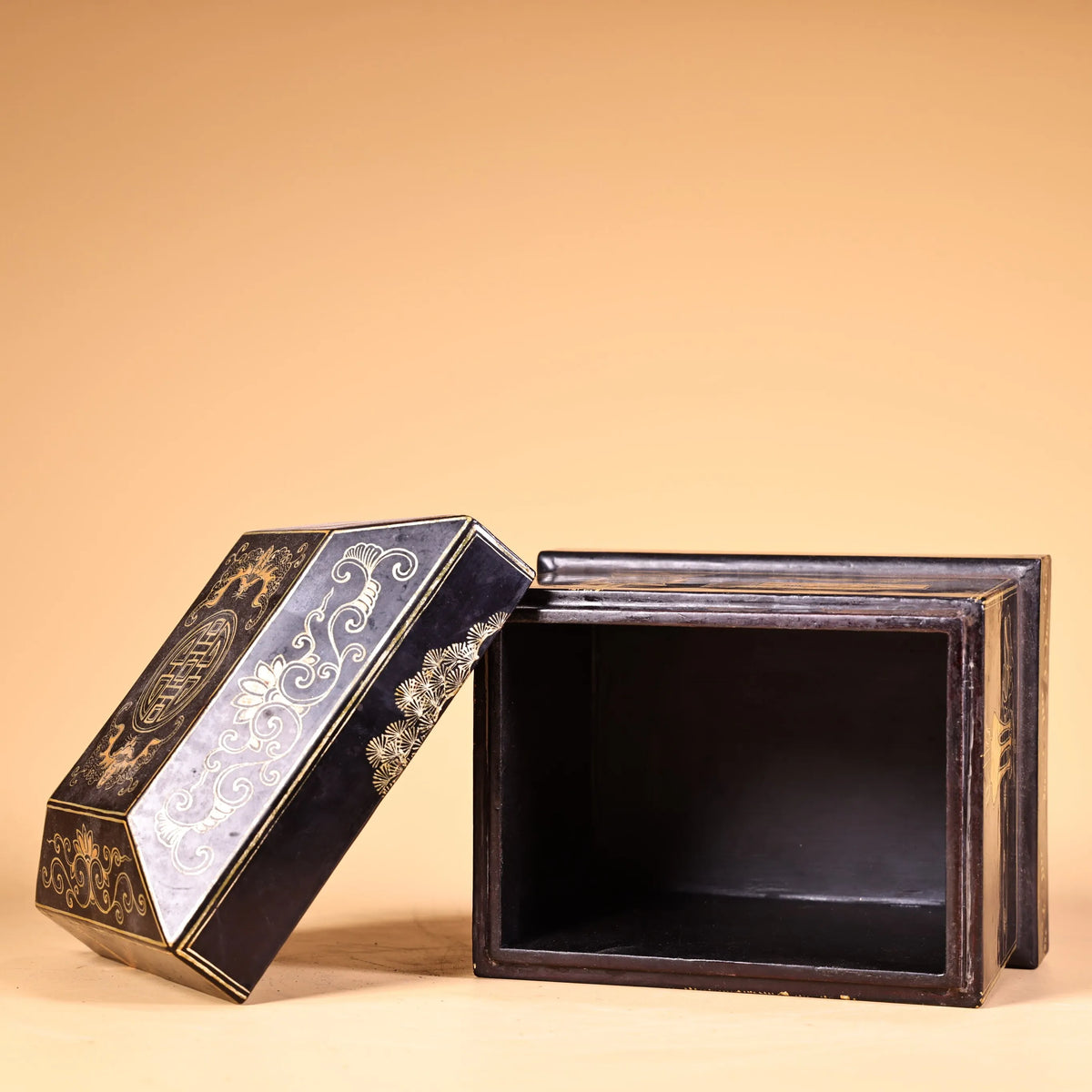 6" Tibetan Temple Collection Vintage Wood Lacquerware Storage Trunk, Pedestal with Bonsai Tea Table