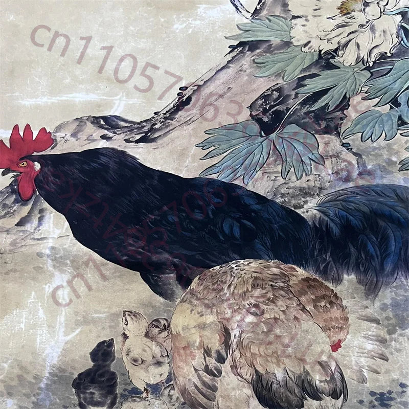 Liu Kuiling Rooster Scroll – “Fortune and Auspiciousness” Rice Paper Painting