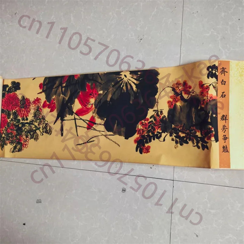 Old Chinese Long Scroll – Qi Baishi Inspired Watercolor “Competition of Flowers”