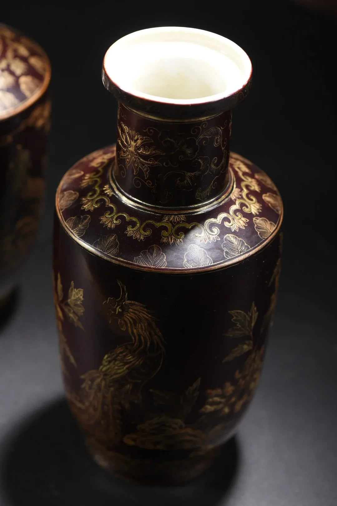 Pair of Tibetan Temple Vintage Porcelain–Lacquerware Vases – Gold Phoenix & Peony (22cm)
