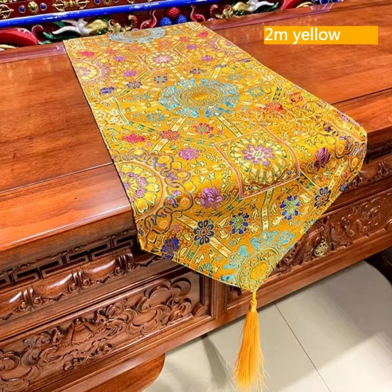 1.5m*35cm/2m*35cm Tibetan Style Satin Fabric Table Flag/Retro Rich Lotus PatternClassical Coffee Table Cloth Buddhist Decoration