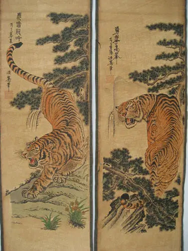 Chinese Calligraphy & Four Tigers Scroll – Hand-Painted Wall Hanging