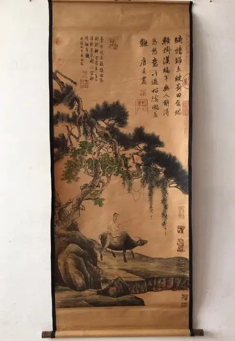 Antique Hand‑Painted Chinese Cattle Scroll – Long Landscape Axis
