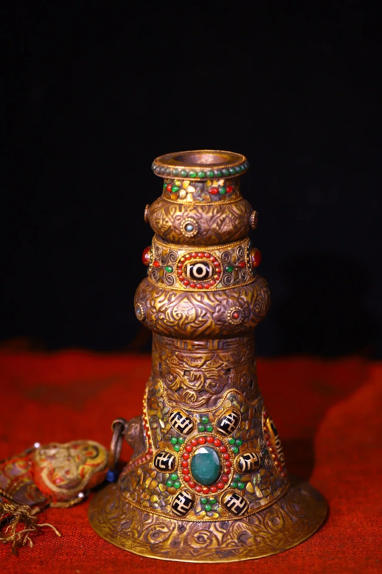 Tibetan Temple Purple-Bronze Prayer Horn – Mosaic Gem & Gzi Bead Amulet