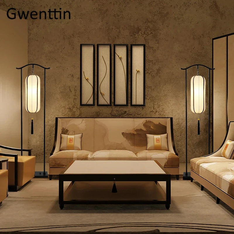 Chinese Classical Lantern Floor Lamps Fabric Standing Lights Living Room Bedroom Bedside Lighting Fixtures Luminaire Home Decor