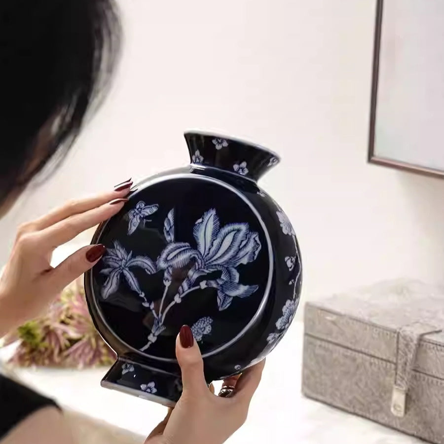 Iris Flower Hand‑Painted Blue & White Porcelain Vase