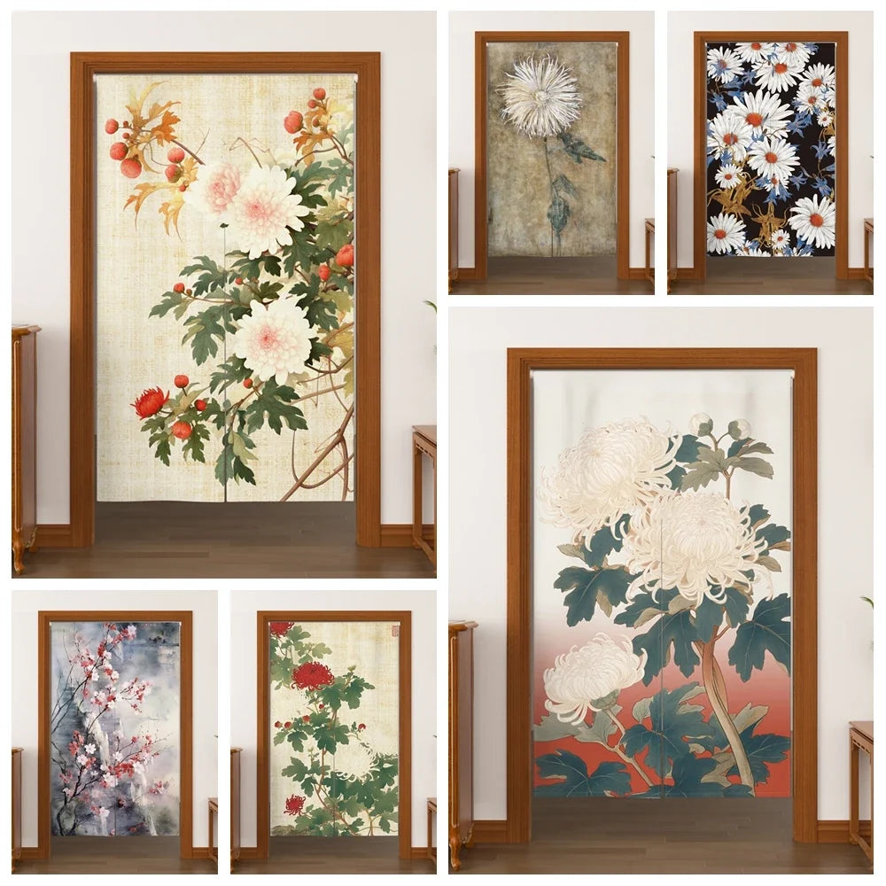 Japanese Ukiyo-e Floral Noren Door Curtain – Linen Blend Room Divider
