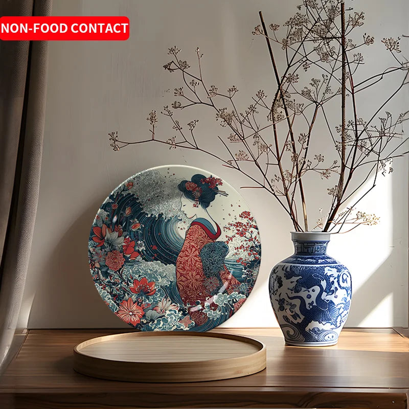 Japanese-Style Red Kimono Woman Wave Ceramic Decorative Plate, Non-Food Contact Home Decor Piece, Wall Art Hanging Plate,