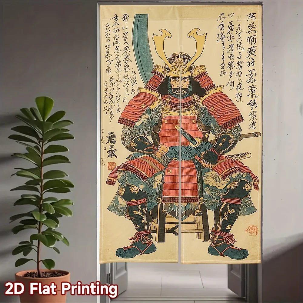 Japanese Samurai Warrior Armor Noren Curtain – Traditional Ukiyo-e Linen Door Divider