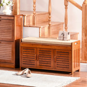 Shoe Bench with Cabinets, Bamboo Entryway Bench with Seating Cushion, 3 Doors and Hidden Compartment for Hallway, Dark Cherry