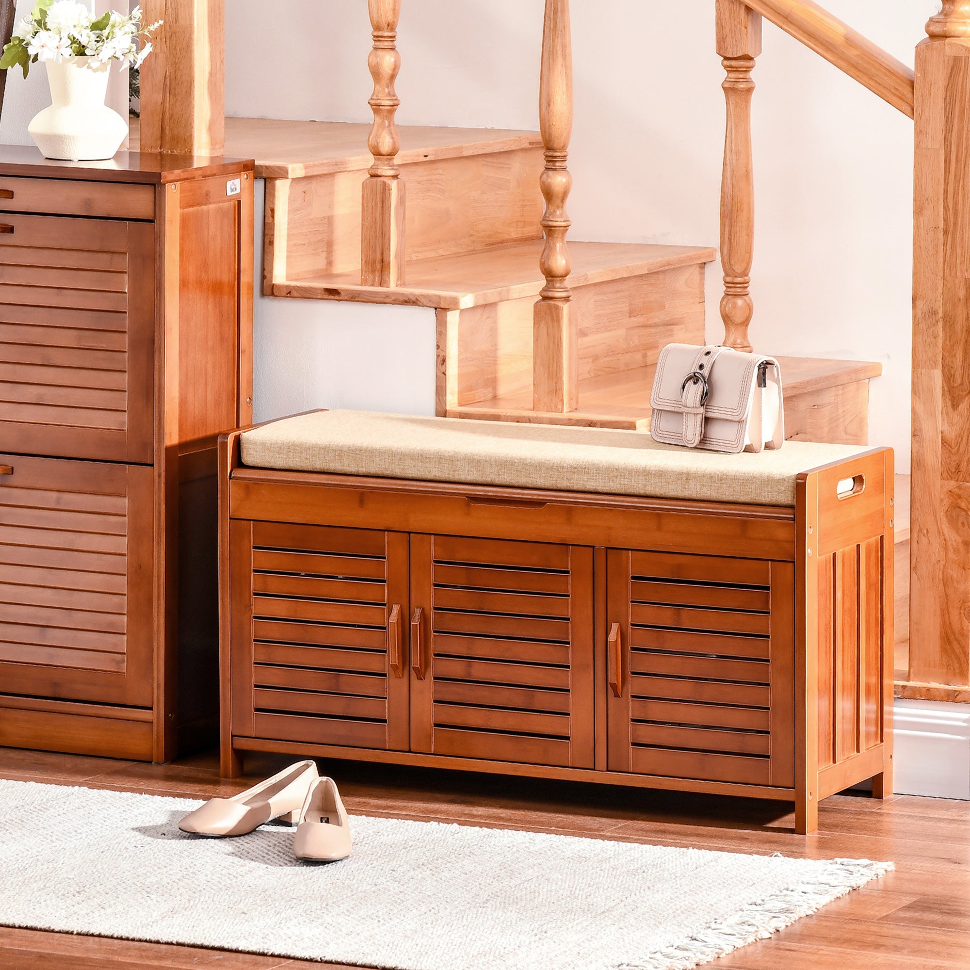 Shoe Bench with Cabinets, Bamboo Entryway Bench with Seating Cushion, 3 Doors and Hidden Compartment for Hallway, Dark Cherry
