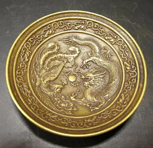 Old Brass Dragon & Phoenix Dish Plate – Asian Home Decor Collectible