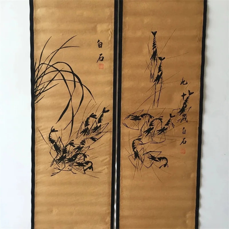 Qi Baishi Chinese Calligraphy And Painting Scroll Famous Artist Shrimp Murals Four Couplets Old Paper Artwork Traditional Decor
