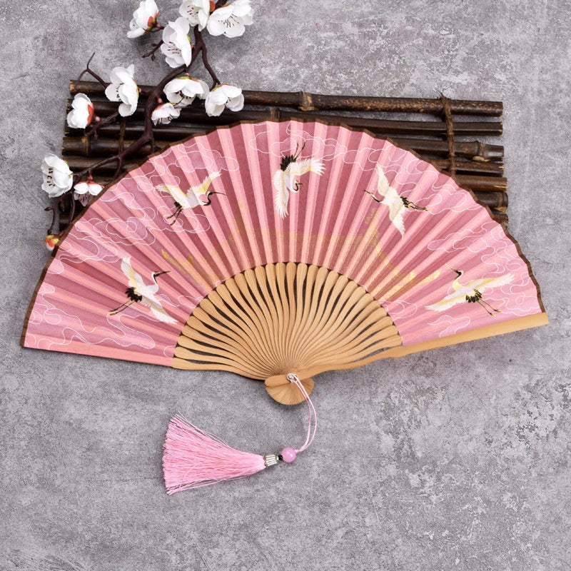 Vintage Bamboo & Silk Folding Hand Fan – Art Floral Design