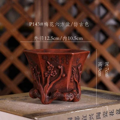 Purple Sand Plum Blossom Bonsai Pot – Carved Traditional Chinese Planter
