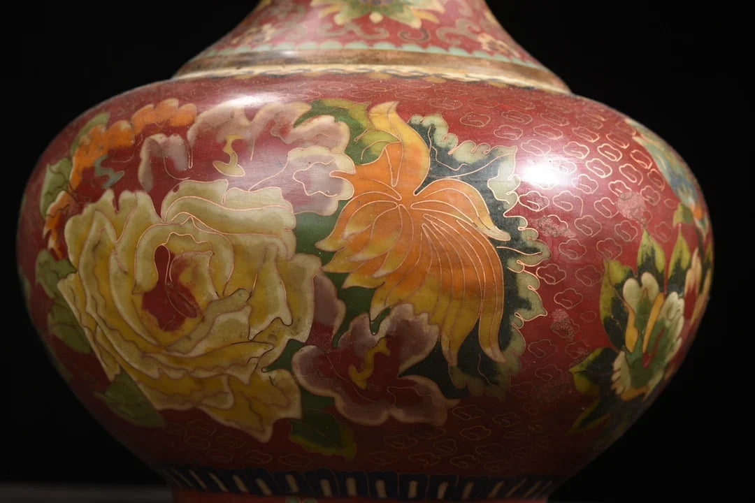 Tibetan Temple Purple-Bronze Cloisonné Vases – Dragon-Ear Flower Pair (14")