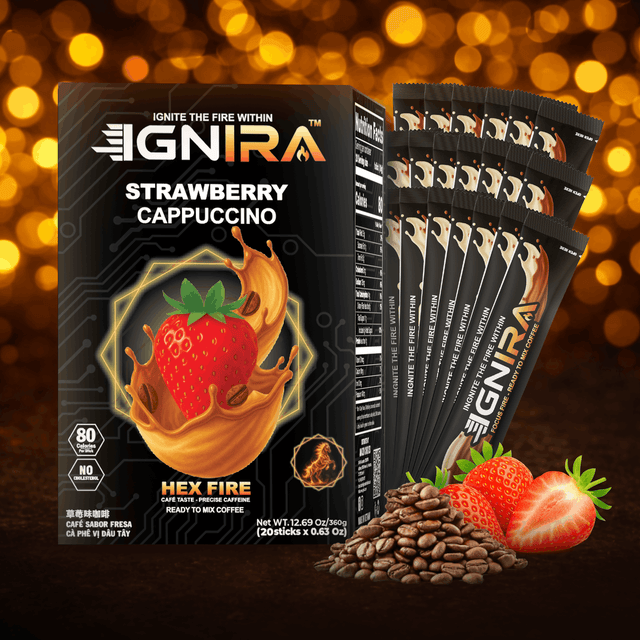 IGNIRA Strawberry Cappuccino – Premium Robusta Instant Coffee Packets, Hot or Iced Milk Coffees, Aromatic Strawberry Flavor, Smooth & Creamy, No Soybeans, No Cholesterol, Ready-to-Mix, Café Taste – HexFire Energy, 20 Single-Serve Sticks (12.69 oz)