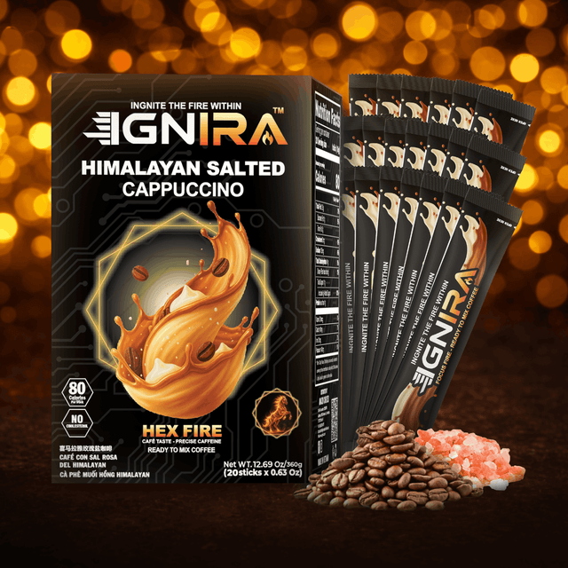 IGNIRA Himalayan Salted Coffee – Premium Robusta Instant Coffee Packets, Hot or Iced Milk Coffees, Smooth Salted Flavor, No Soybeans, No Cholesterol, Ready-to-Mix, Cafe Taste – HexFire Energy, 20 Single-Serve Sticks (12.69 oz)