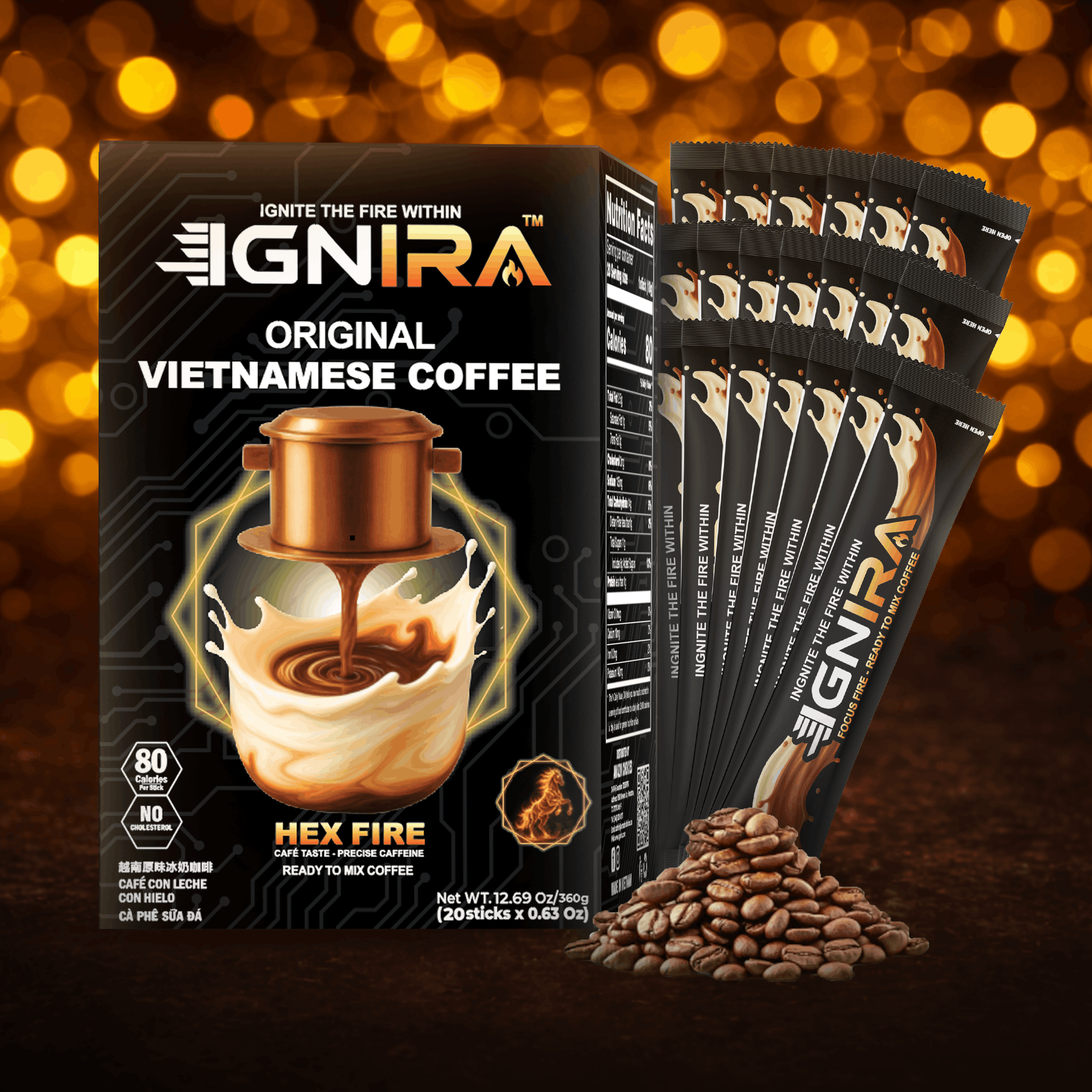 IGNIRA Original Instant Coffee – Hot or Iced Milk Coffees, Premium Robusta Instant Coffee Packets, Not Too Sweet, No Cholesterol, No Soybeans, Ready-to-Mix – HexFire Energy, 20 Single-Serve Sticks (12.69 oz)