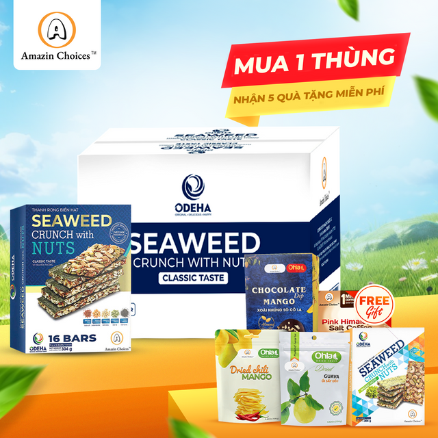 BIG DEAL! Mua 1 Thùng Rong Biển Kẹp Hạt (24 Hộp, mỗi hộp 16 Thanh) – Giá Gốc $479.76 → Giờ chỉ $384 (Giảm 20%) + Tặng Bộ Quà Snack Việt Trị Giá $95 (Ổi Sấy, Xoài Cay, Rong Biển Wasabi, Cà Phê Muối Hồng, Xoài Chấm Socola)