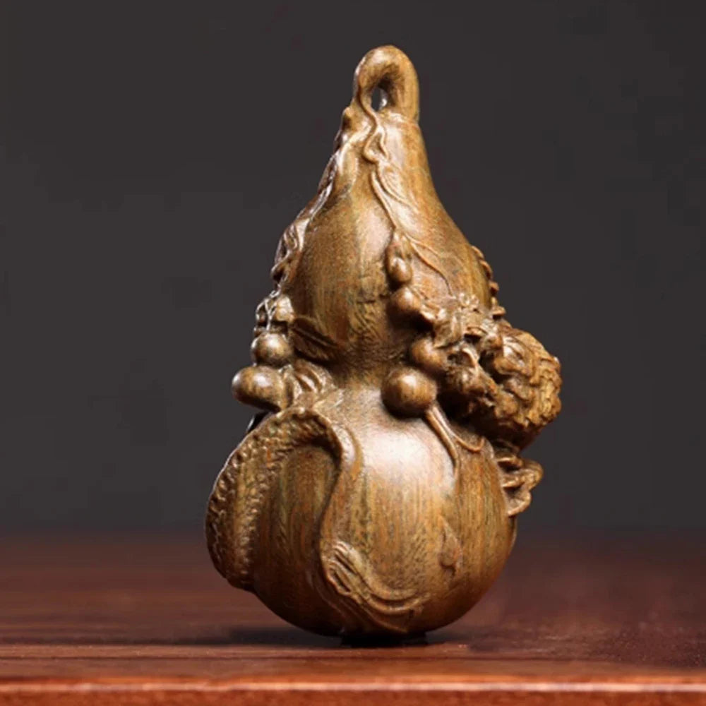 2.7" Green Sandalwood Netsuke – Hand-Carved Baby Dragon on Gourd