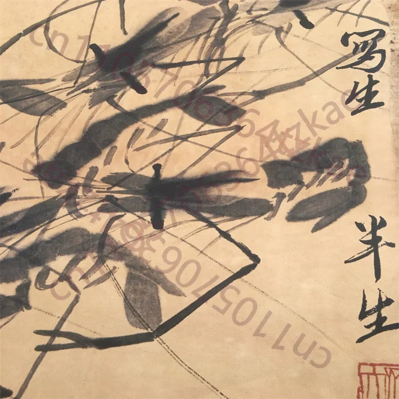 Qi Baishi Style “Eight Shrimp” Rice Paper Scroll Wall Decor