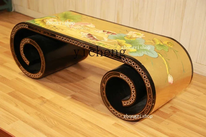 Hand-Painted Piano Table Tea Table Curved Table with Golden Peonies Decoration