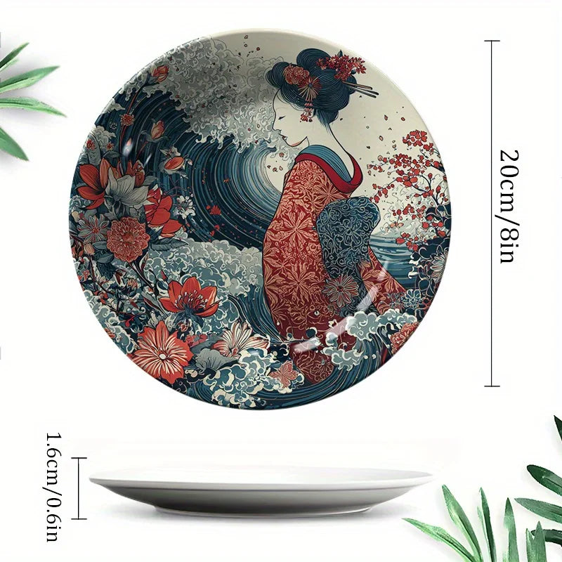 Japanese-Style Red Kimono Woman Wave Ceramic Decorative Plate, Non-Food Contact Home Decor Piece, Wall Art Hanging Plate,