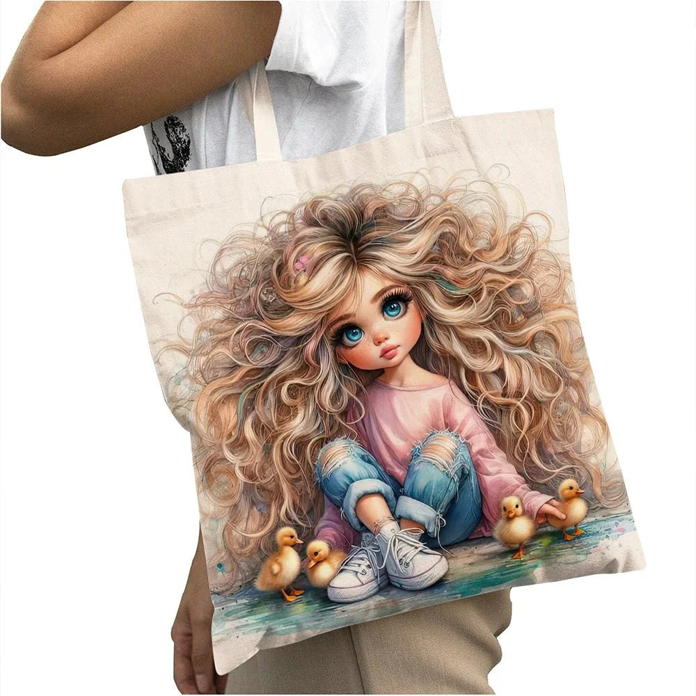 Cute Cartoon Girl Shopper Bags