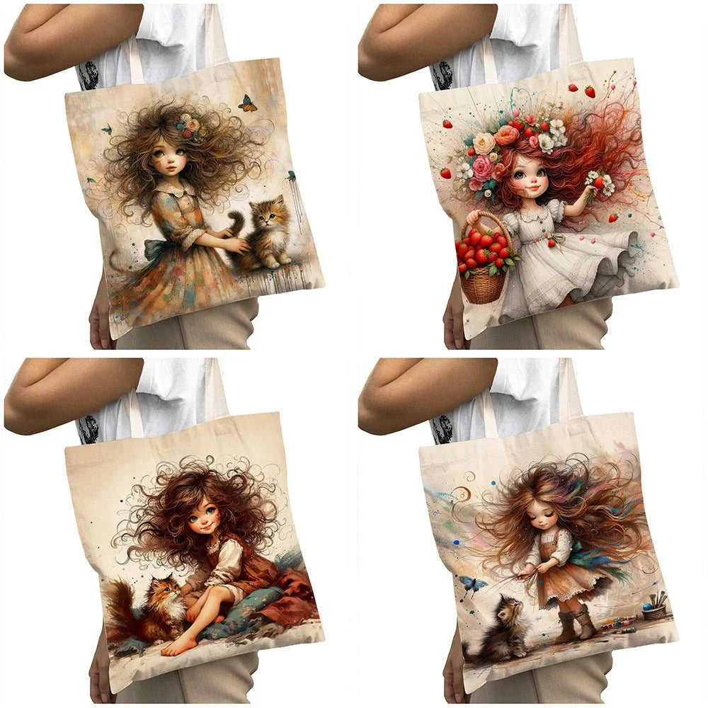 Cute Cartoon Girl Shopper Bags