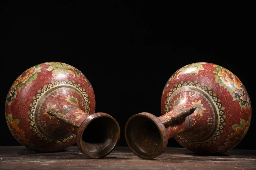 Tibetan Temple Purple-Bronze Cloisonné Vases – Dragon-Ear Flower Pair (14")
