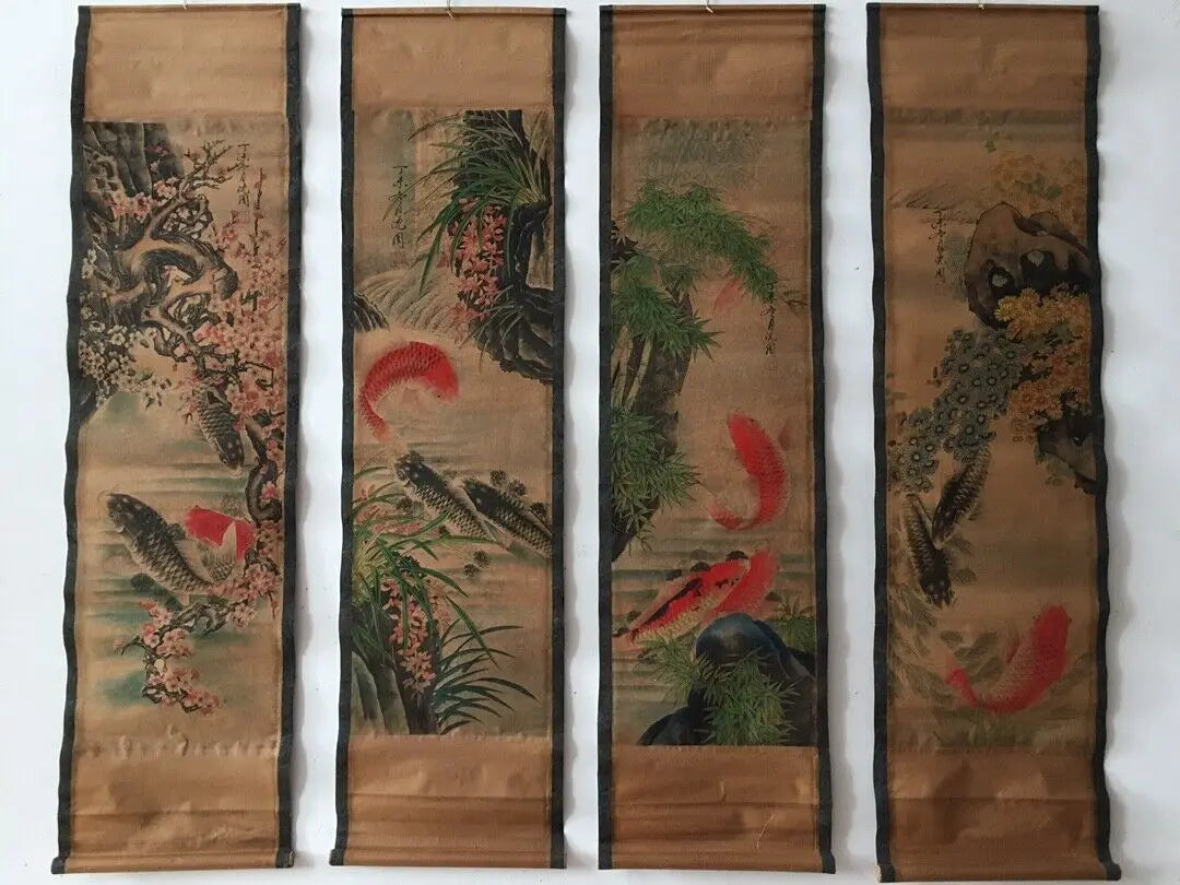 Chinese Goldfish Quadruple Scroll Painting – Four-Panel Wall Hanging