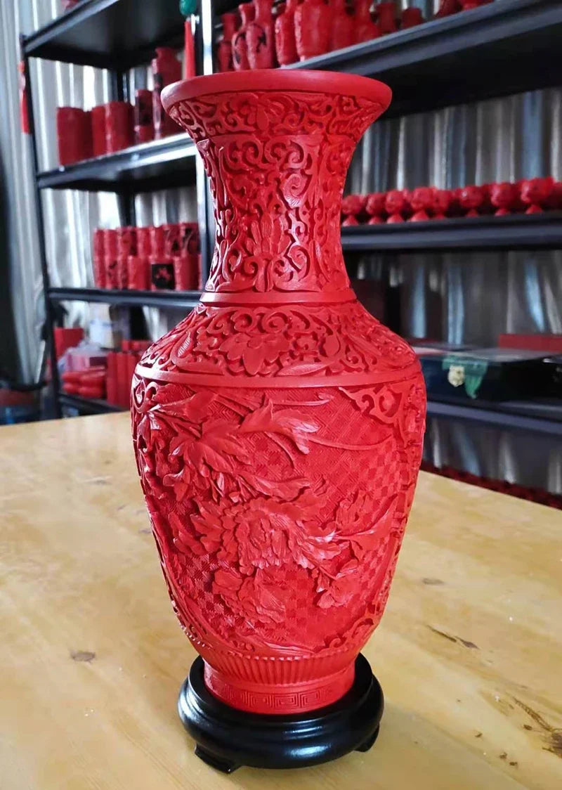 12" Exquisite Chinese Red Lacquerware Vase – Auspicious Floral Design