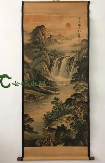 Antique Chinese Hand-Painted Landscape Scroll, 172 x 65 cm