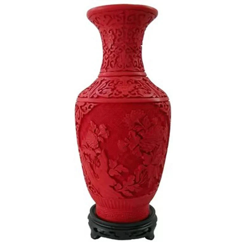 12" Exquisite Chinese Red Lacquerware Vase – Auspicious Floral Design