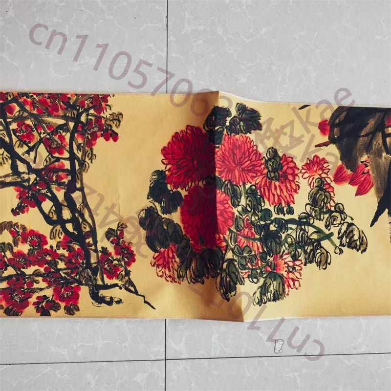 Old Chinese Long Scroll – Qi Baishi Inspired Watercolor “Competition of Flowers”