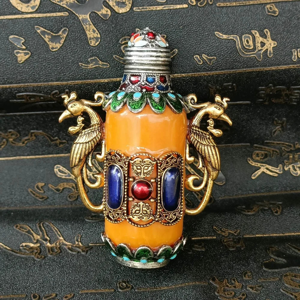 Exquisite Chinese Handmade Double Phoenix Copper Snuff Bottle with Gift Box