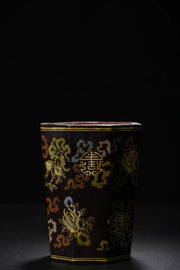 Nepalese Lacquerware Brush Pot – Gold “Blessing & Longevity” Peach Flower (6")