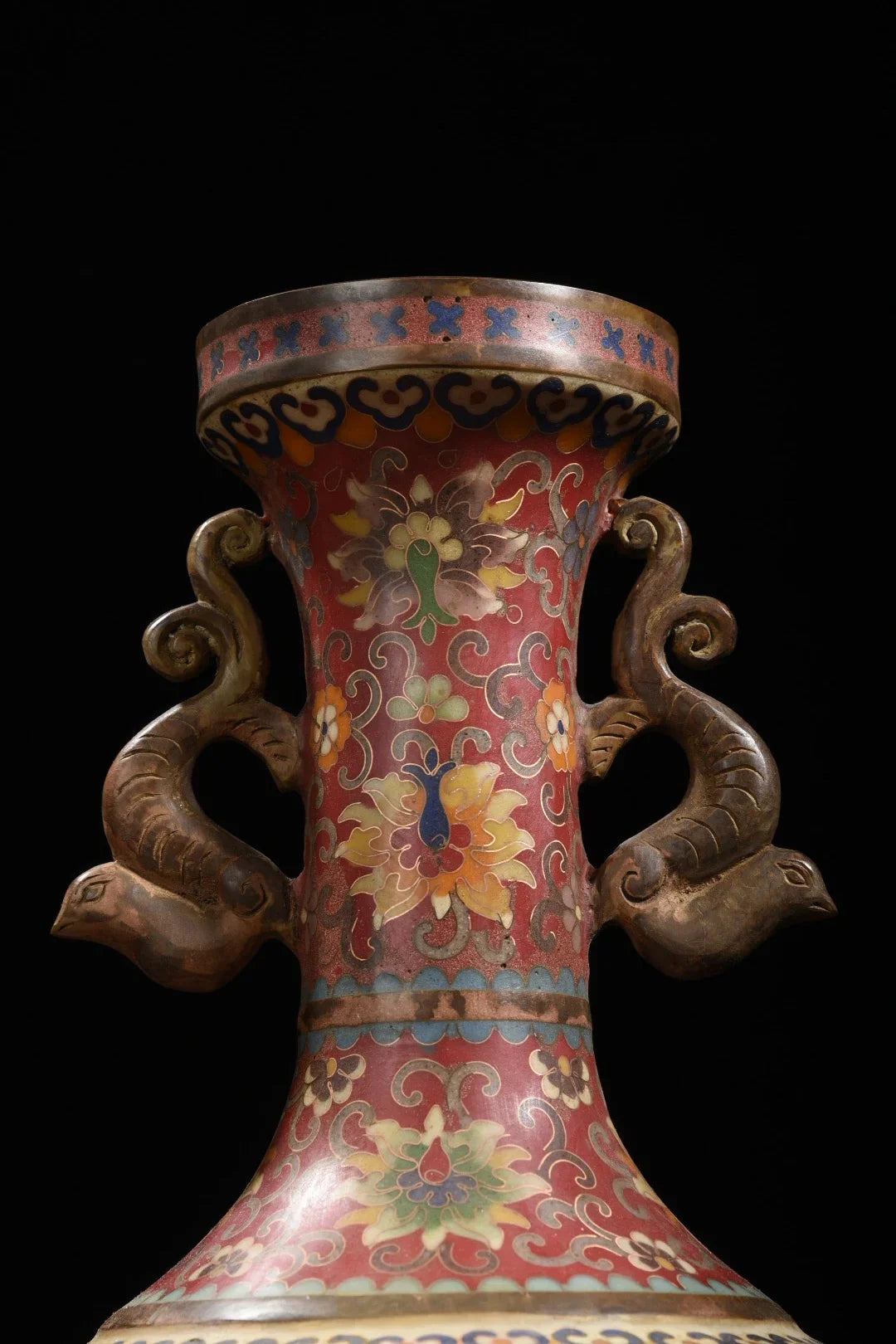 Tibetan Temple Purple-Bronze Cloisonné Vases – Dragon-Ear Flower Pair (14")