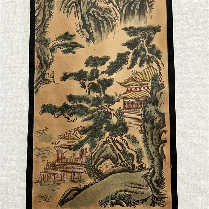 Chinese Ancient Paper Calligraphy Paintings Scrolls Famous Murals Wangyun Attic Pavilion Four Pairs of Artwork Decorations