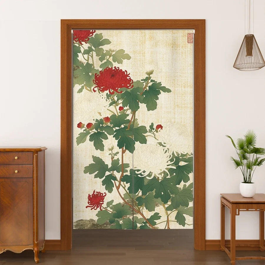Japanese Ukiyo-e Floral Noren Door Curtain – Linen Blend Room Divider