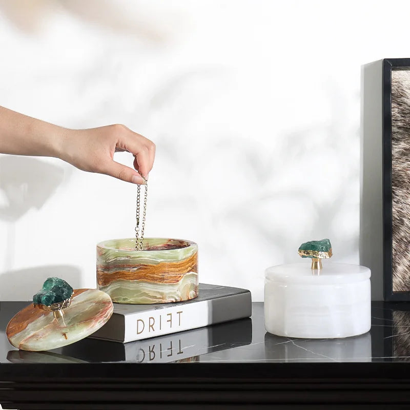 Luxury Natural Jade Marble Storage Jar With Lid for Candy Jewelry Cosmetics