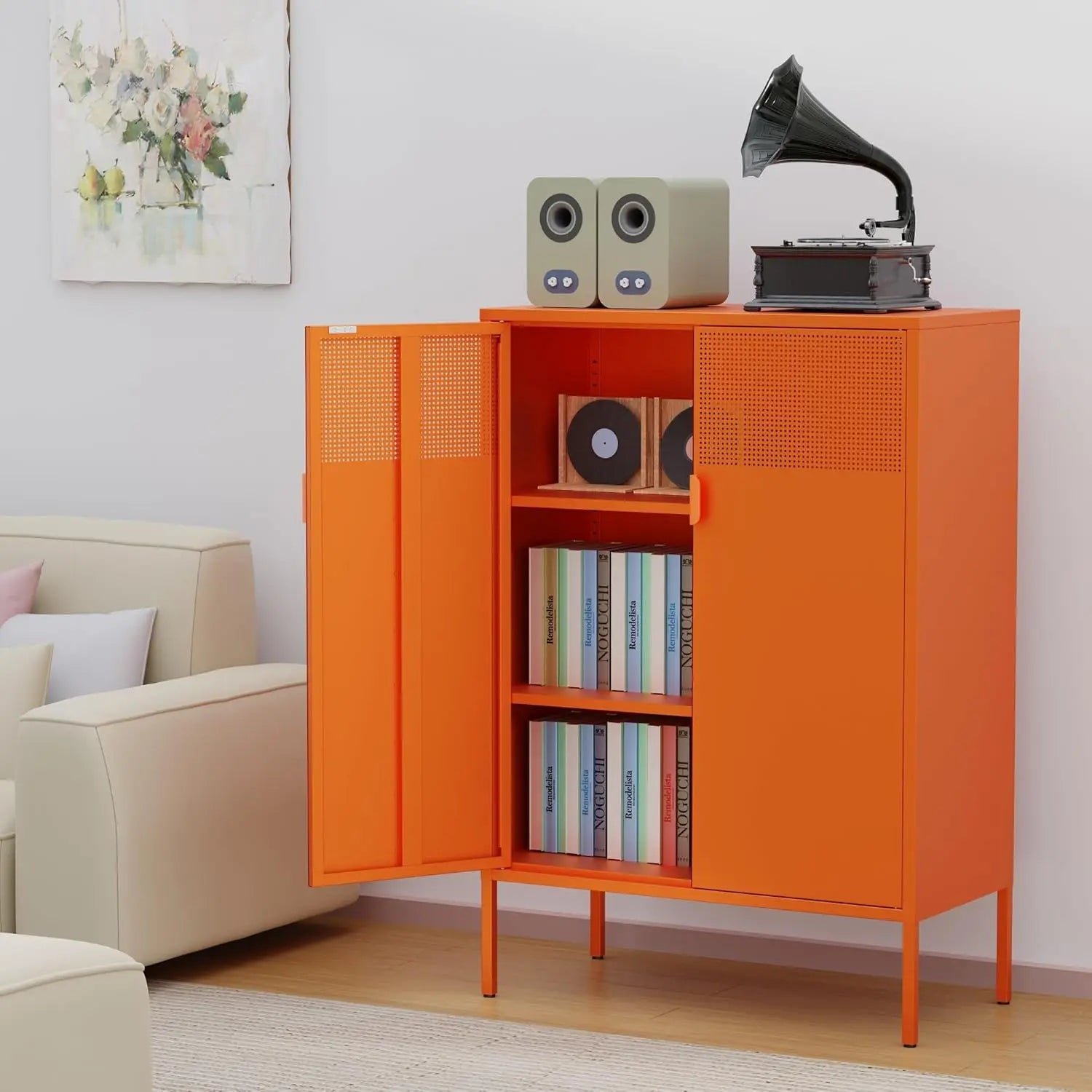 3-Tier Metal Storage Cabinet with 2 Doors & Adjustable Shelves – Locker-Style Organizer for Home, Office, Entryway