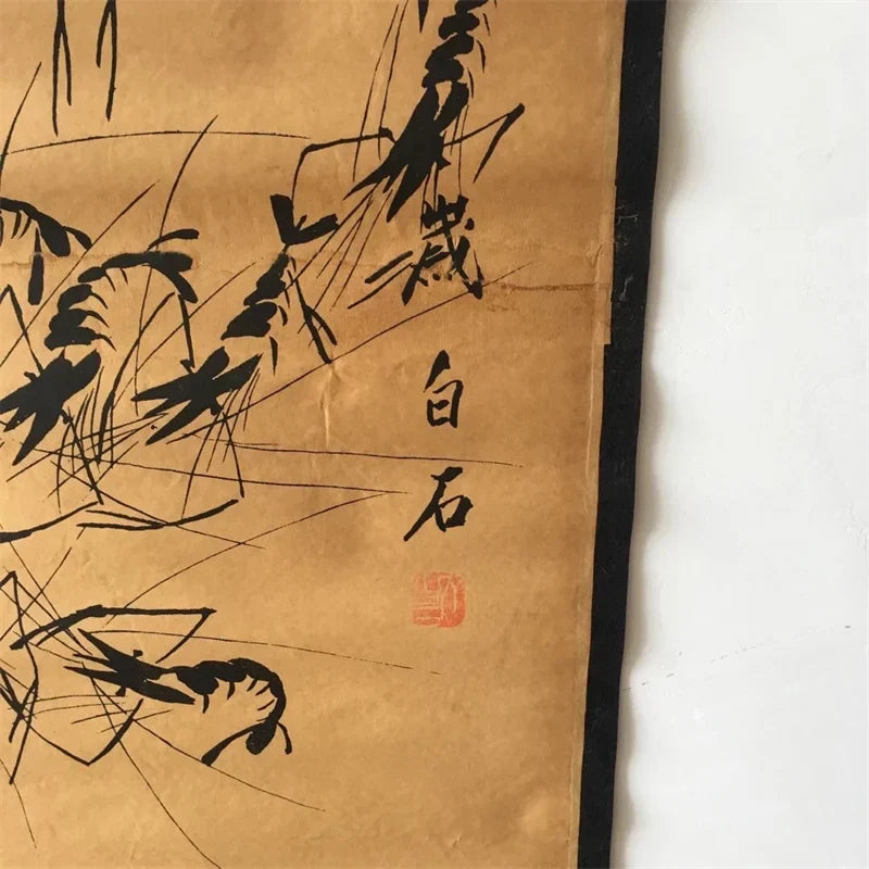 Qi Baishi Chinese Calligraphy And Painting Scroll Famous Artist Shrimp Murals Four Couplets Old Paper Artwork Traditional Decor