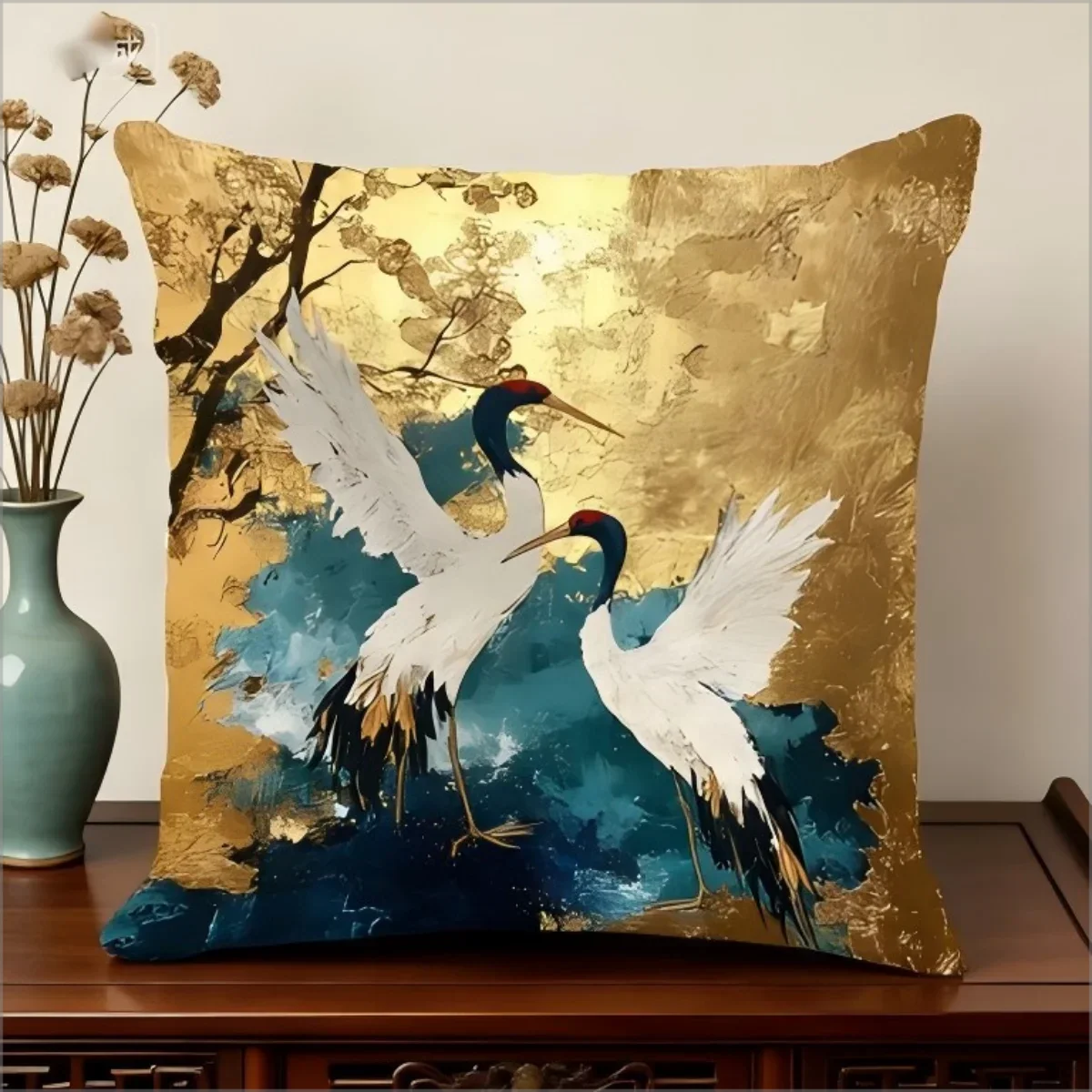 Elegant Oriental Crane Bird Pillowcase 2D Flat Printed