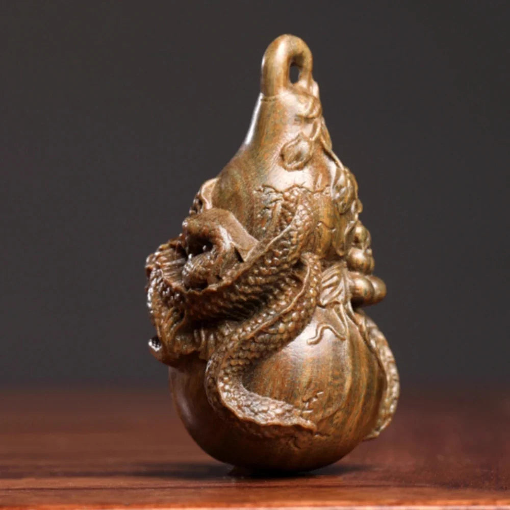 2.7" Green Sandalwood Netsuke – Hand-Carved Baby Dragon on Gourd