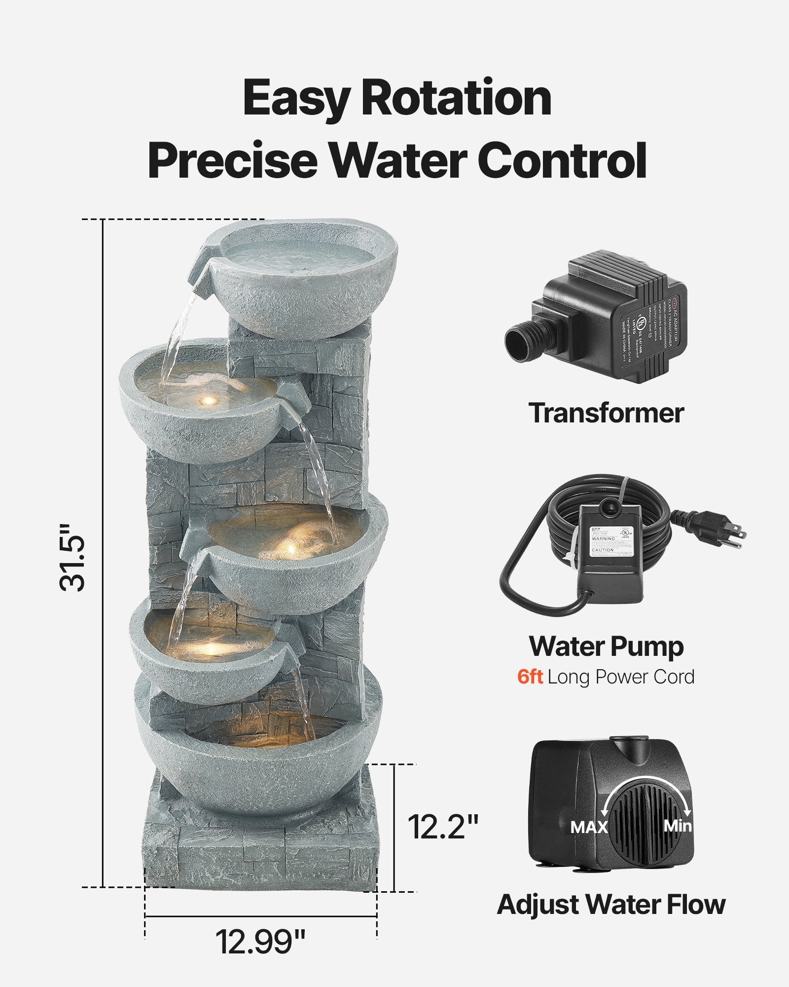 Outdoor Water Fountain 5-Tier Bowl-Shaped Cascading 31.5 cm