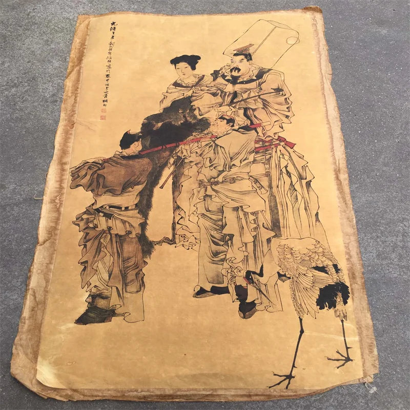 Ren Bonian Chinese Old Scroll Artist Core Portrait Flower & Bird Design Rice Paper Cut-Out Painting Slice for Home Decor