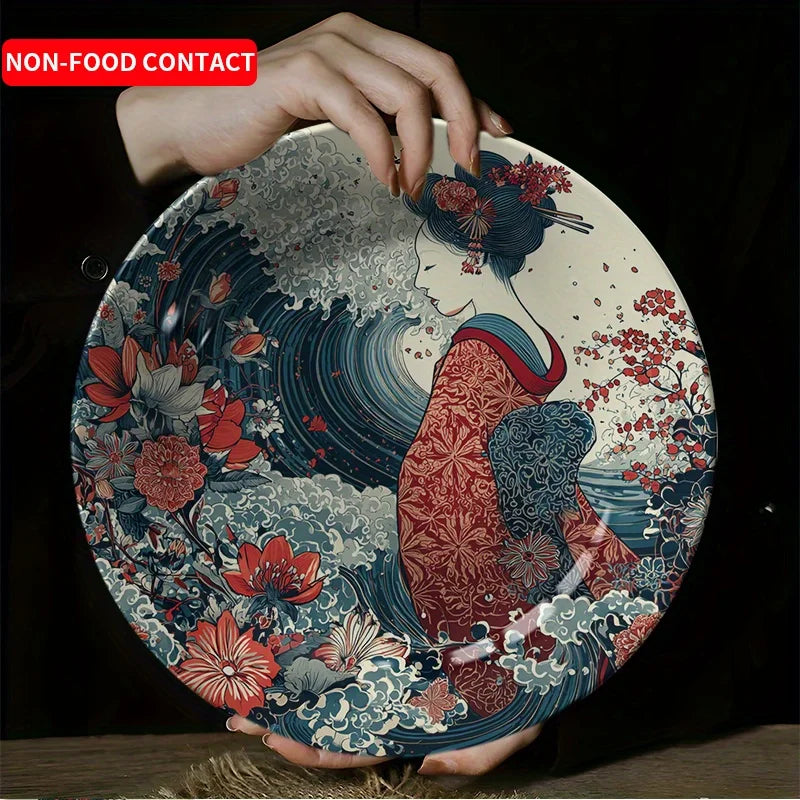 Japanese-Style Red Kimono Woman Wave Ceramic Decorative Plate, Non-Food Contact Home Decor Piece, Wall Art Hanging Plate,