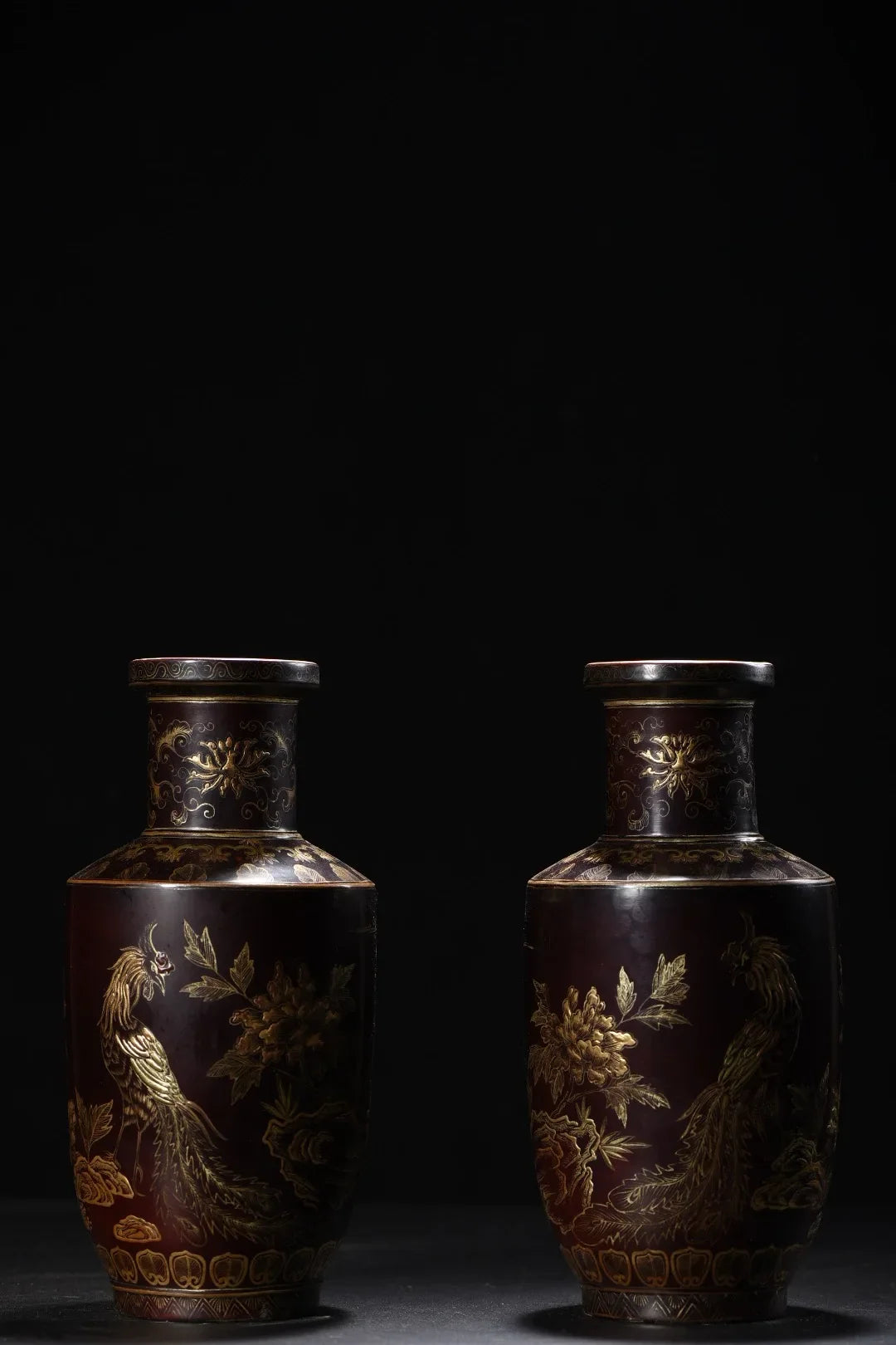 Pair of Tibetan Temple Vintage Porcelain–Lacquerware Vases – Gold Phoenix & Peony (22cm)